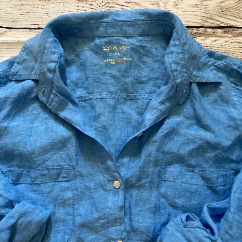 Lilly Pulitzer Sea View Linen Button Down Top M Blue EUC - Picture 4 of 5